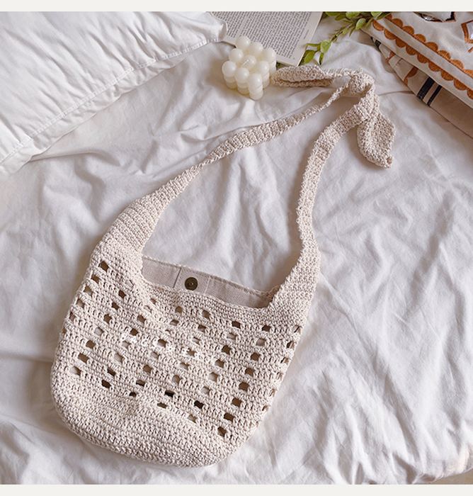 Openwork Cotton Crochet Bucket Shoulder Bag