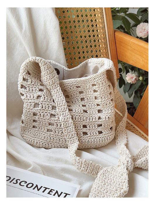 Openwork Cotton Crochet Bucket Shoulder Bag