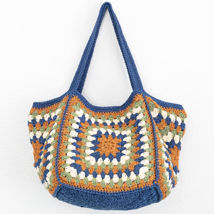 Blue-Trim Granny-Square Crochet Shoulder Tote