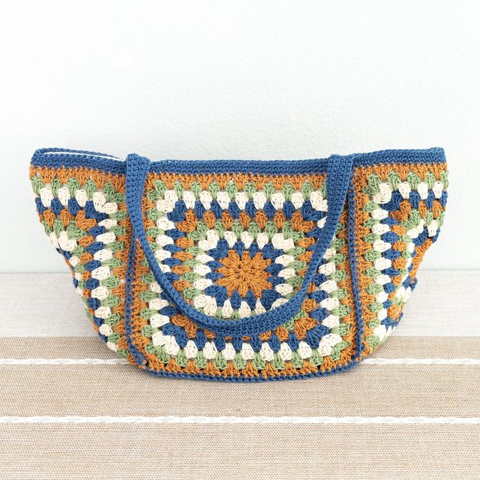 Blue-Trim Granny-Square Crochet Shoulder Tote