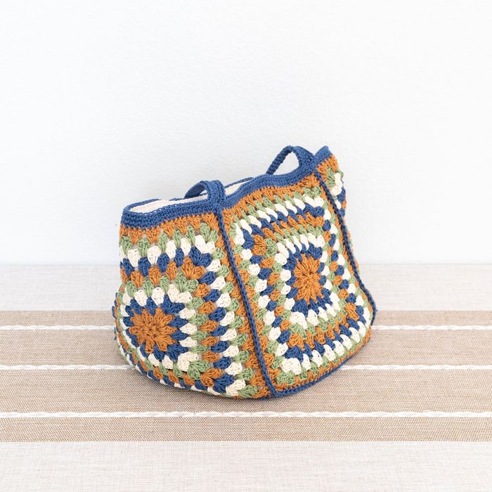 Blue-Trim Granny-Square Crochet Shoulder Tote