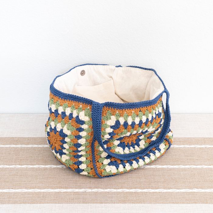 Blue-Trim Granny-Square Crochet Shoulder Tote