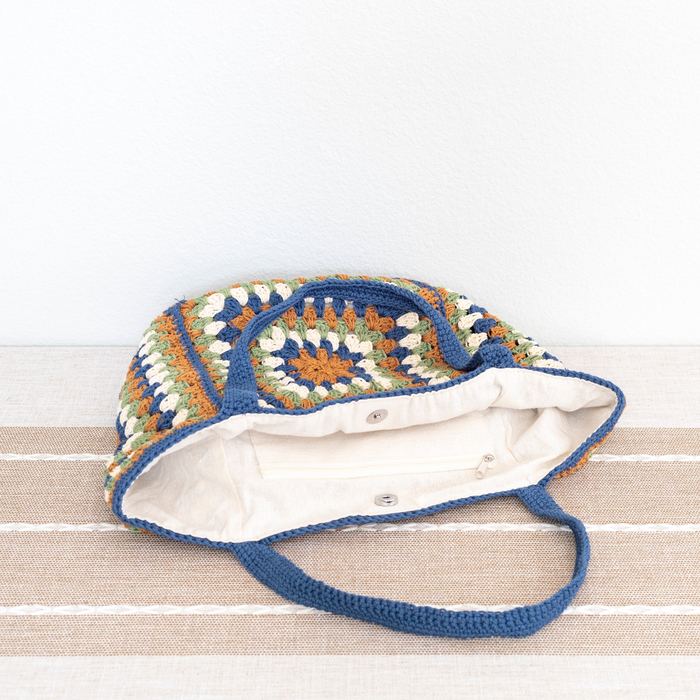 Blue-Trim Granny-Square Crochet Shoulder Tote