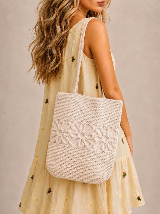 Cotton Crochet Shoulder Bag with Floral Openwork Band