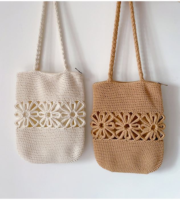 Cotton Crochet Shoulder Bag with Floral Openwork Band