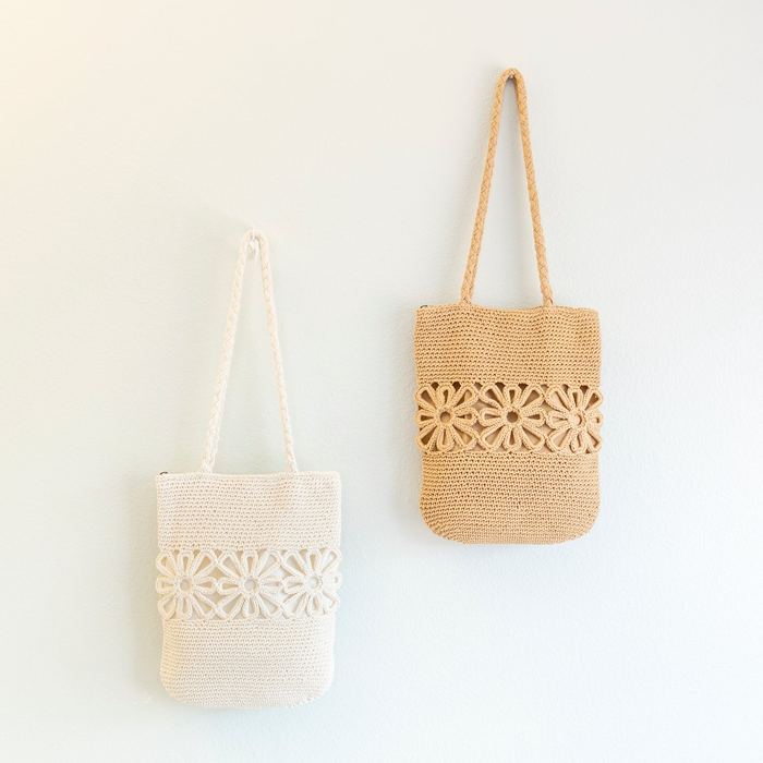 Cotton Crochet Shoulder Bag with Floral Openwork Band