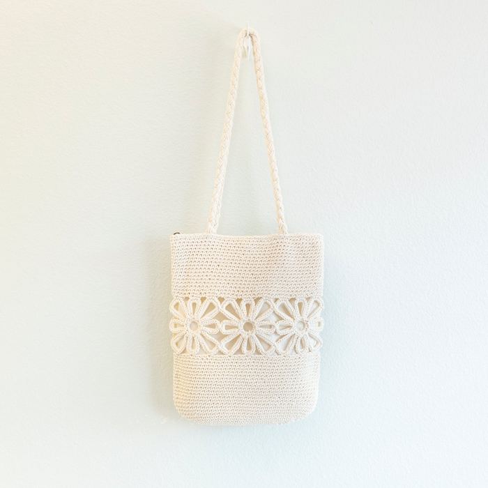 Cotton Crochet Shoulder Bag with Floral Openwork Band