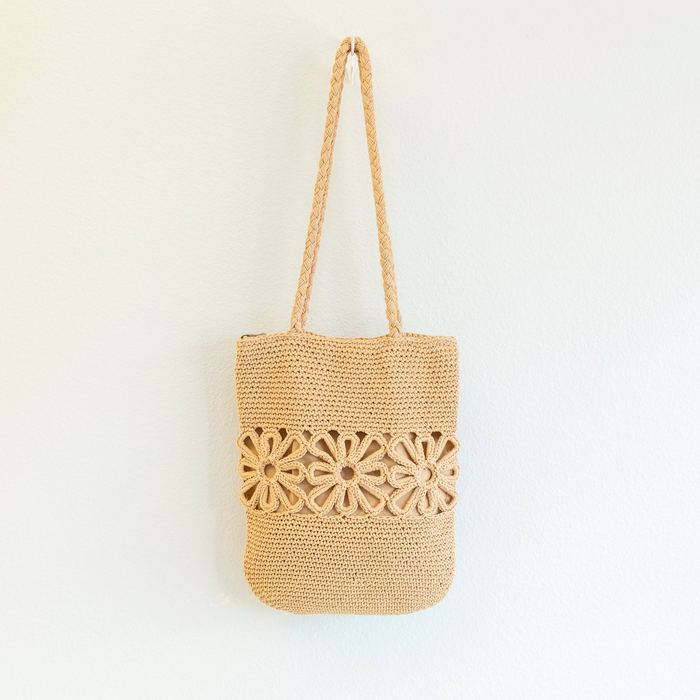 Cotton Crochet Shoulder Bag with Floral Openwork Band