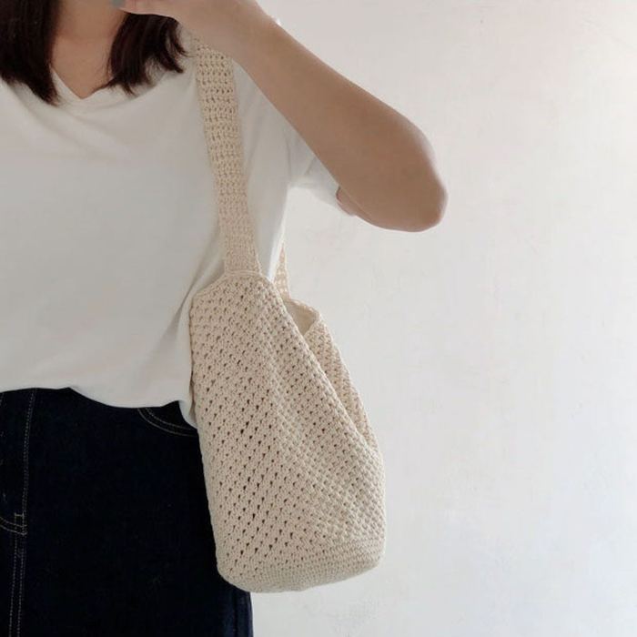 Minimal Cotton Bucket Shoulder Bag with Wide Strap