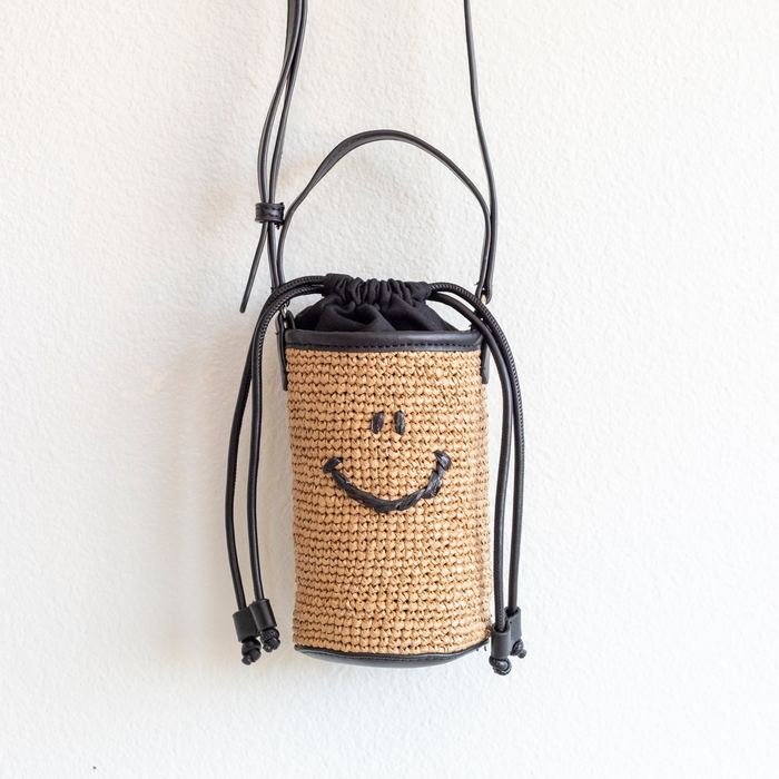 Smiley Face Straw Bucket Crossbody Bag