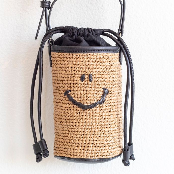 Smiley Face Straw Bucket Crossbody Bag