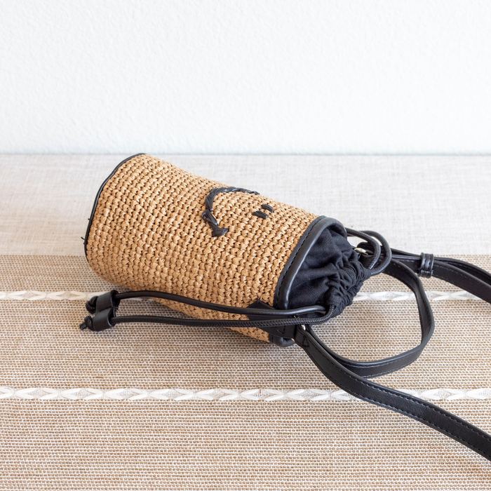 Smiley Face Straw Bucket Crossbody Bag