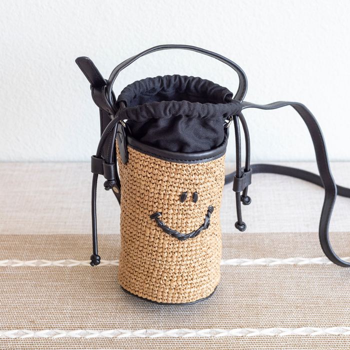 Smiley Face Straw Bucket Crossbody Bag