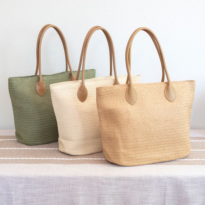 Woven Straw Tote with Rounded Brown Handles