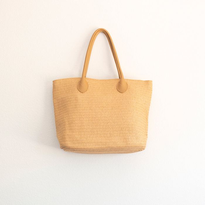Woven Straw Tote with Rounded Brown Handles