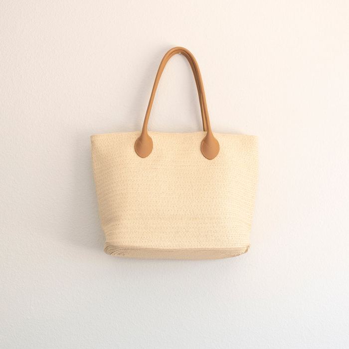 Woven Straw Tote with Rounded Brown Handles