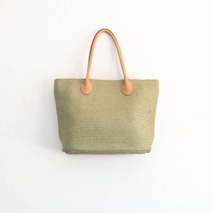Woven Straw Tote with Rounded Brown Handles