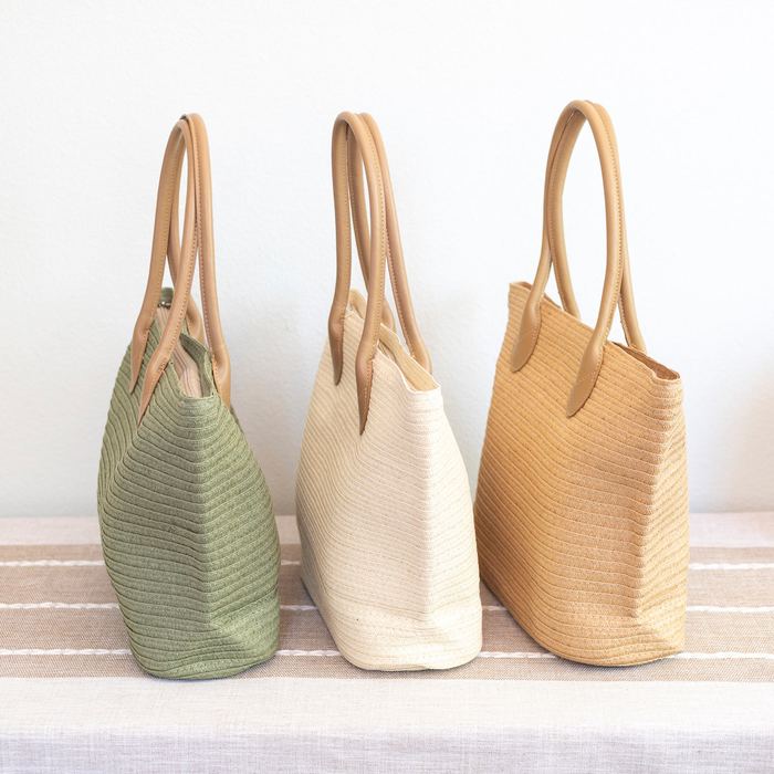 Woven Straw Tote with Rounded Brown Handles