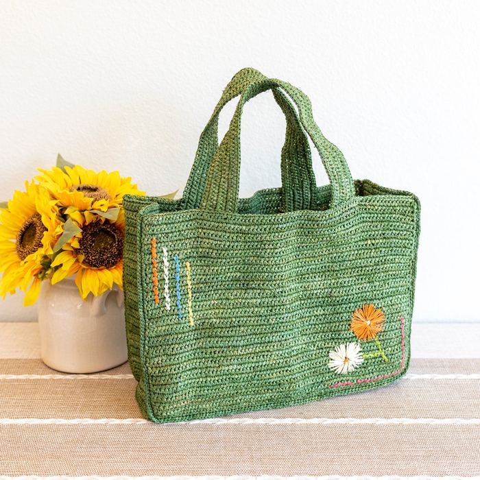 Small Raffia Top-Handle Tote with Floral Accents