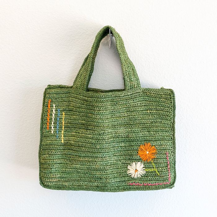 Small Raffia Top-Handle Tote with Floral Accents