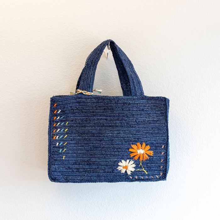 Small Raffia Top-Handle Tote with Floral Accents