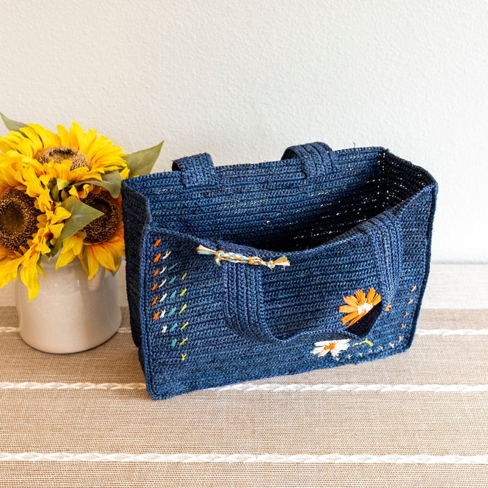 Small Raffia Top-Handle Tote with Floral Accents