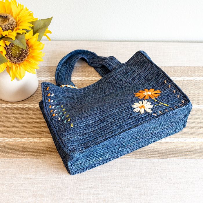 Small Raffia Top-Handle Tote with Floral Accents