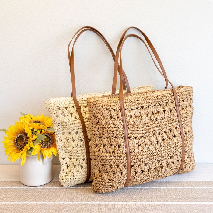 Large Openwork Straw Tote with Long Contrast Handles