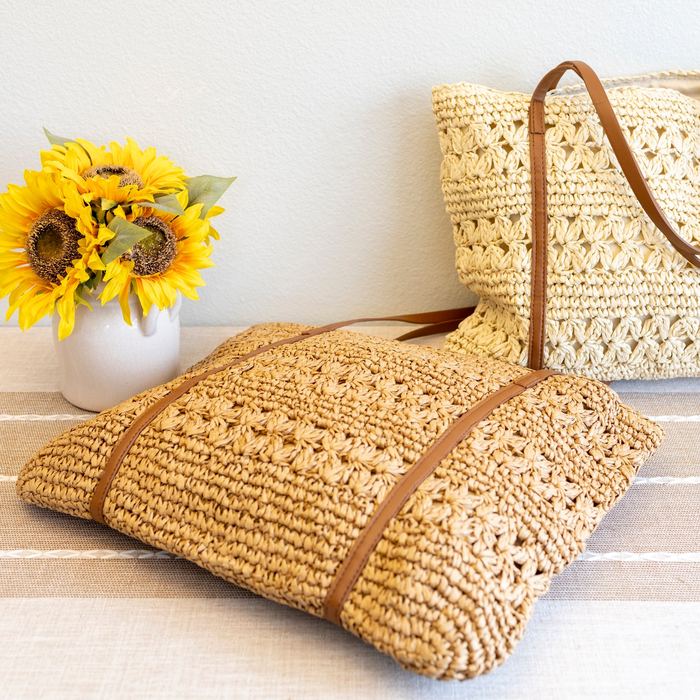 Large Openwork Straw Tote with Long Contrast Handles