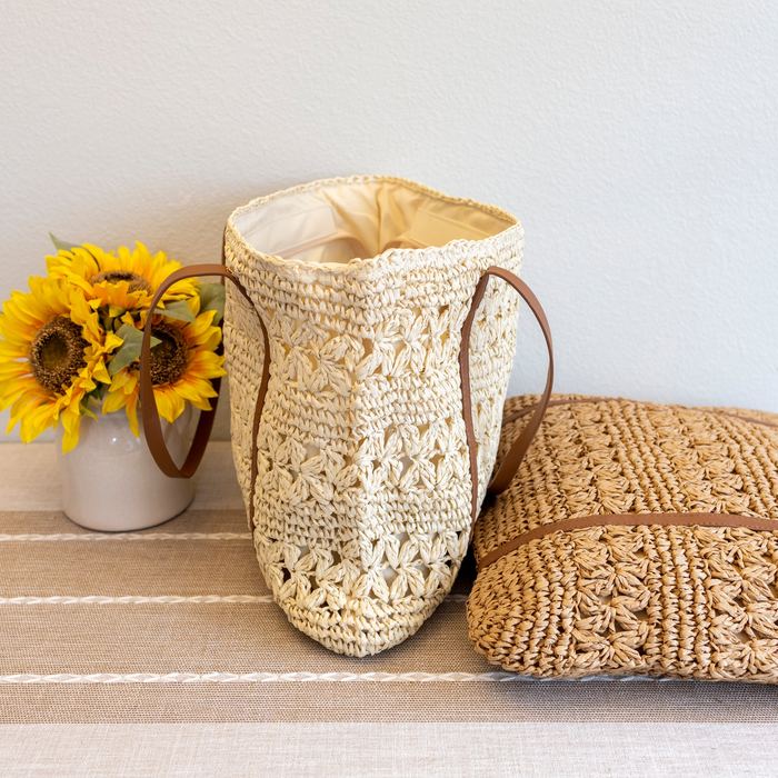 Large Openwork Straw Tote with Long Contrast Handles