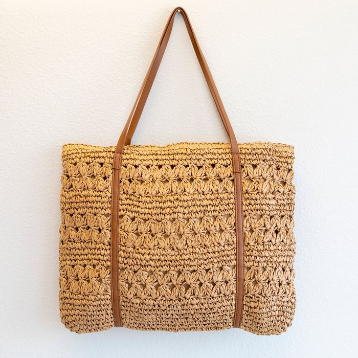Large Openwork Straw Tote with Long Contrast Handles