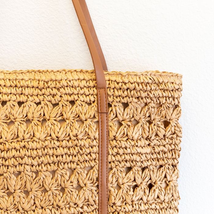 Large Openwork Straw Tote with Long Contrast Handles