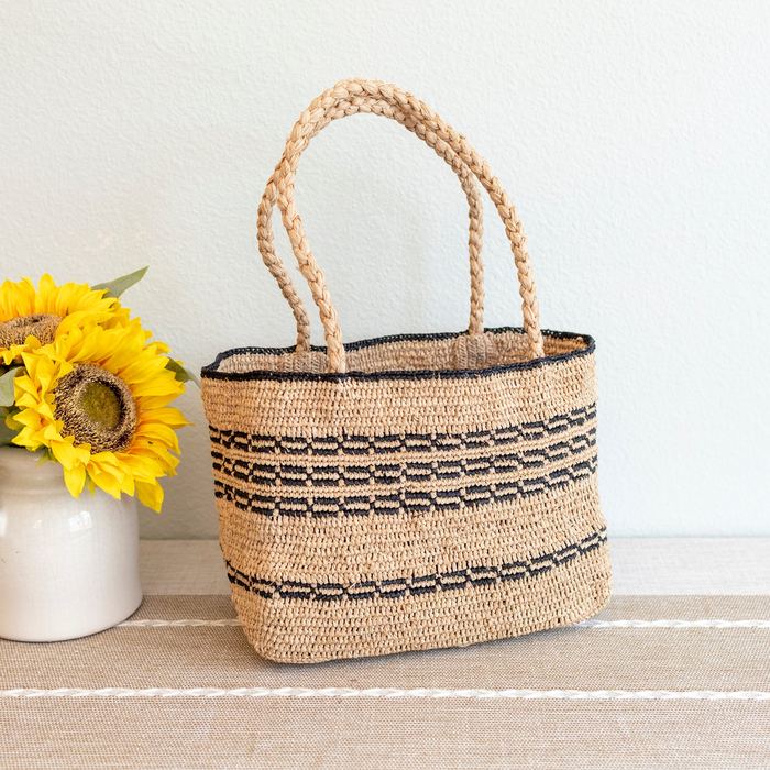 Striped Raffia Basket Handbag with Braided Handles