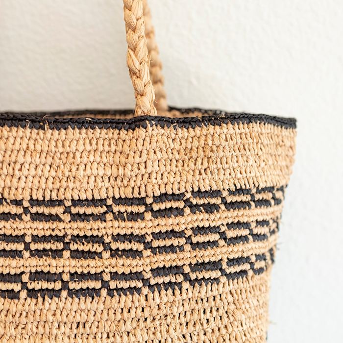 Striped Raffia Basket Handbag with Braided Handles