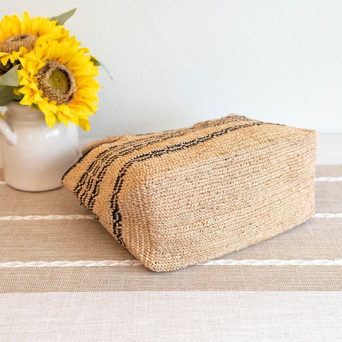 Striped Raffia Basket Handbag with Braided Handles