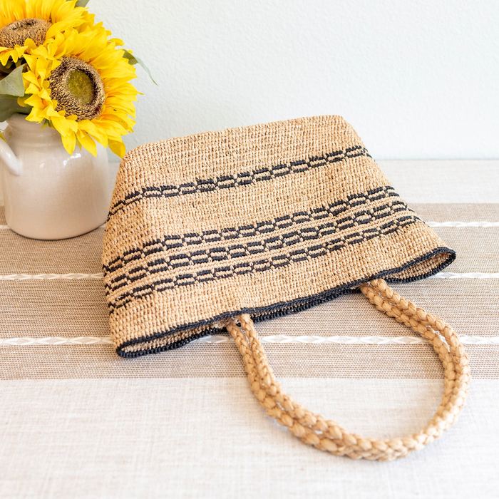 Striped Raffia Basket Handbag with Braided Handles