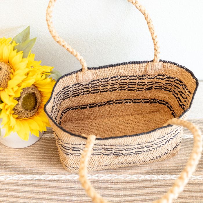 Striped Raffia Basket Handbag with Braided Handles
