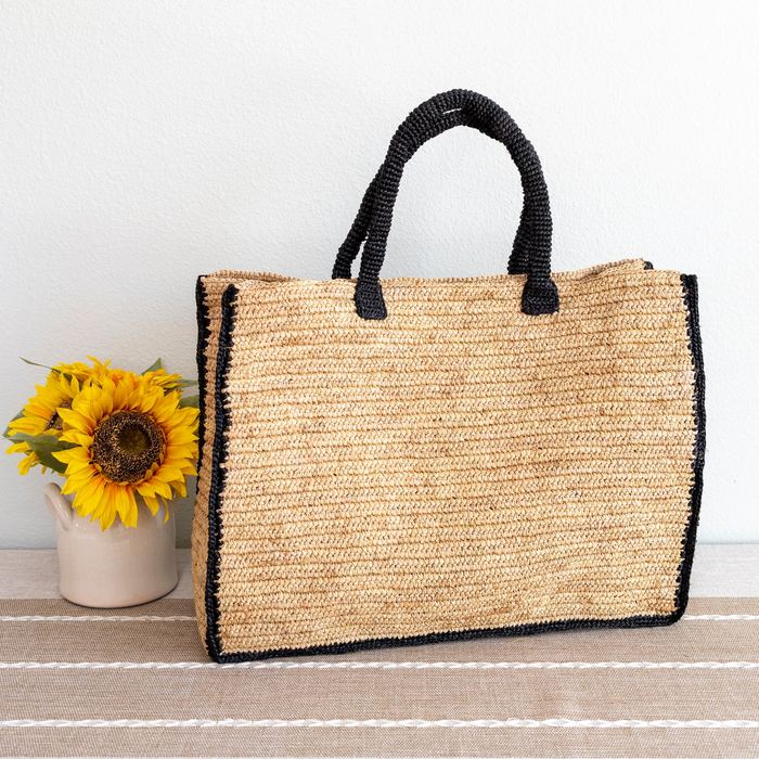 Extra-Large Rectangular Raffia Tote with Black Trim