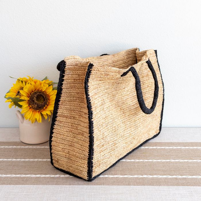 Extra-Large Rectangular Raffia Tote with Black Trim