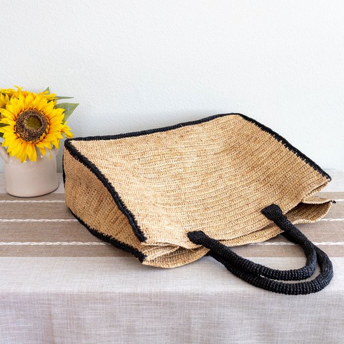 Extra-Large Rectangular Raffia Tote with Black Trim