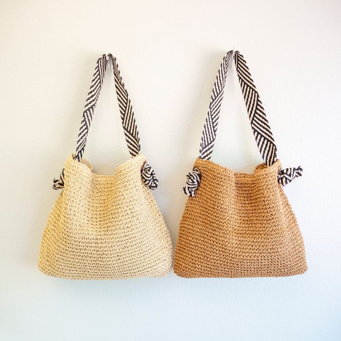 Woven Straw Shoulder Bag with Black-and-White Strap