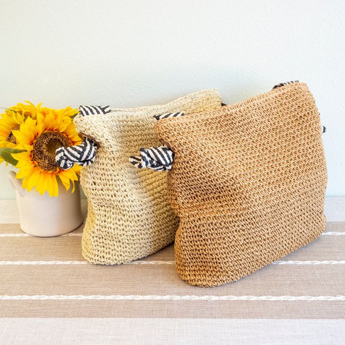 Woven Straw Shoulder Bag with Black-and-White Strap