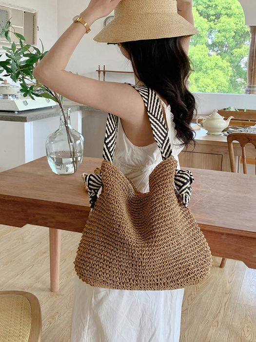 Woven Straw Shoulder Bag with Black-and-White Strap