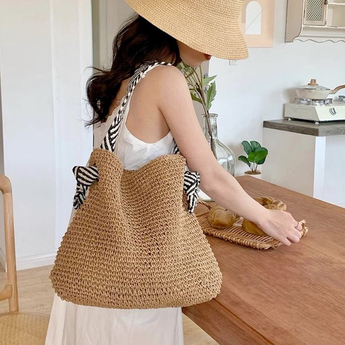 Woven Straw Shoulder Bag with Black-and-White Strap