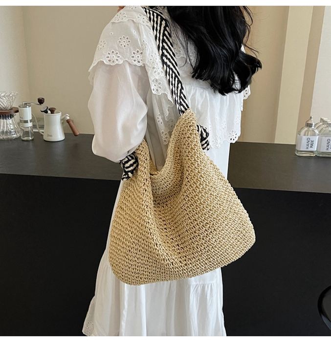 Woven Straw Shoulder Bag with Black-and-White Strap