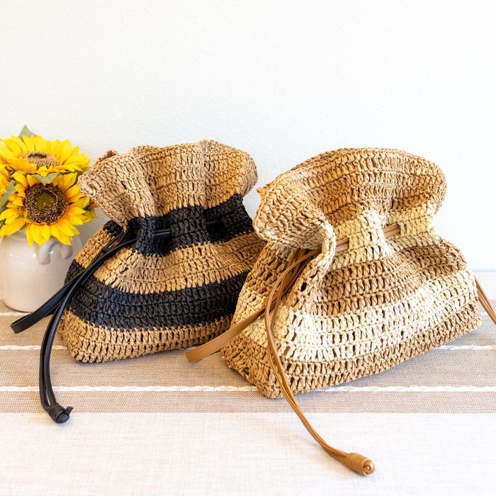 Striped Straw Drawstring Bag with Flared Rim