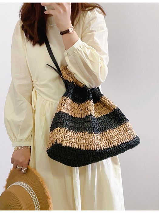 Striped Straw Drawstring Bag with Flared Rim