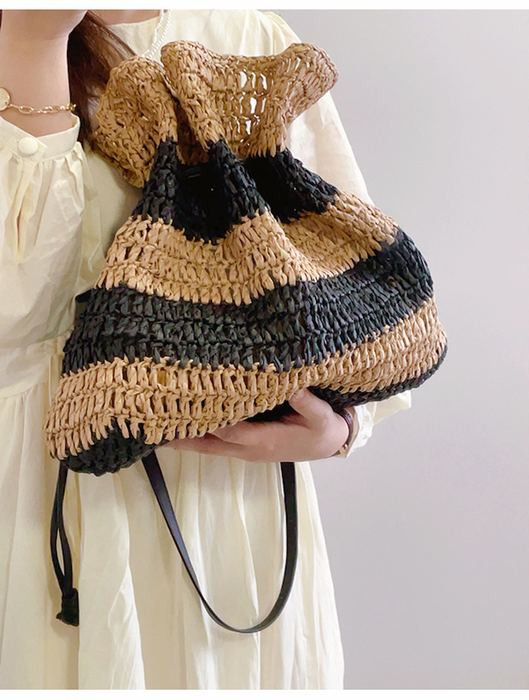 Striped Straw Drawstring Bag with Flared Rim