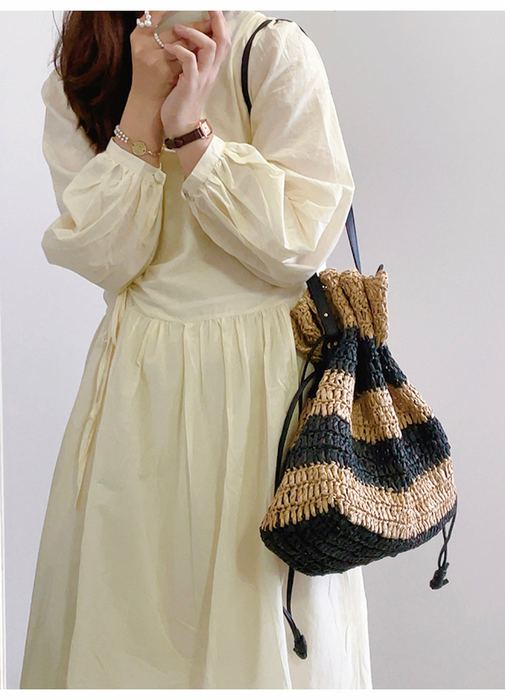 Striped Straw Drawstring Bag with Flared Rim