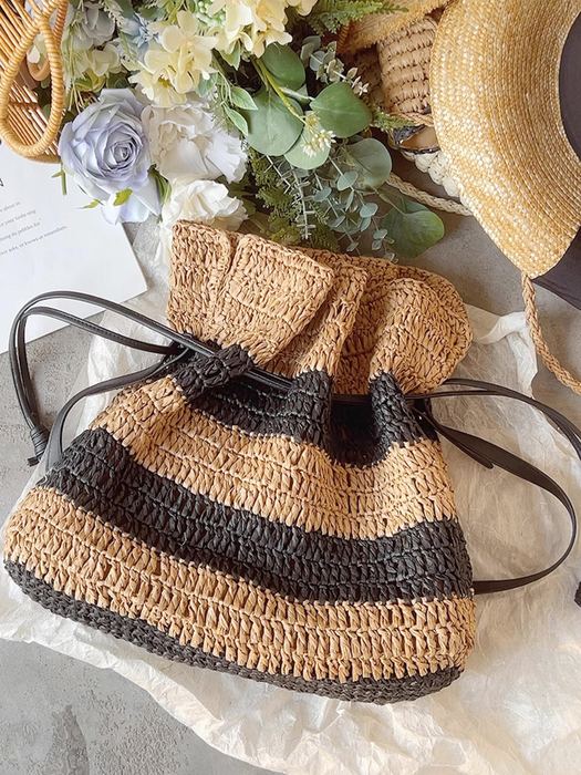 Striped Straw Drawstring Bag with Flared Rim